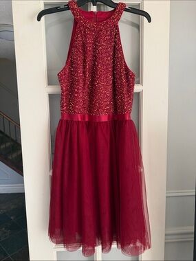 Girls' Red Sequin Halter Tulle Dress